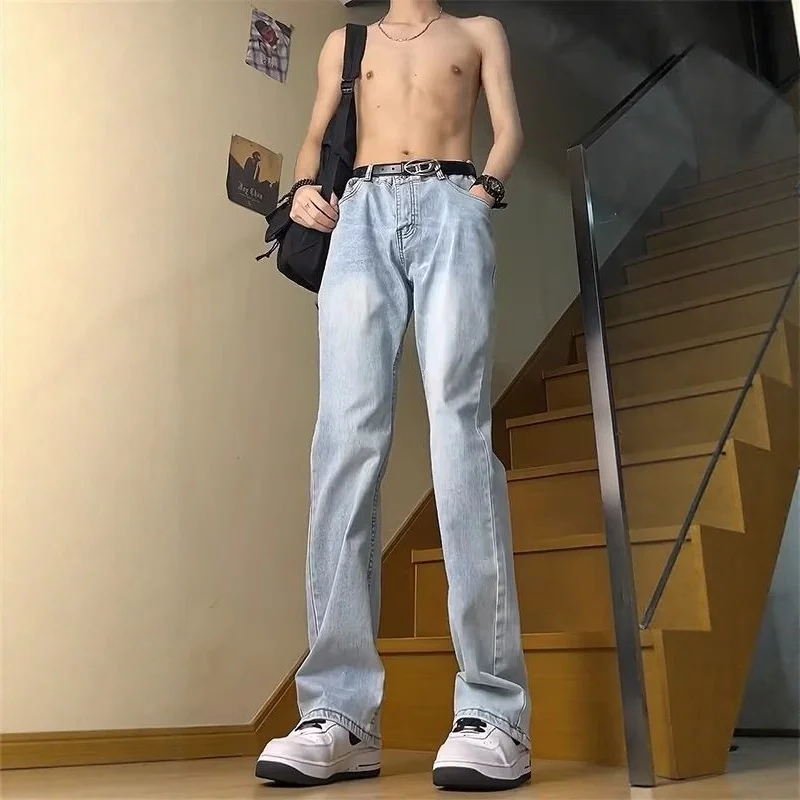 

Ice Blue High Waist Knife Men's Jeans American High Street Vibe Straight Leg Lengthening Slimming Micro Flare Pants