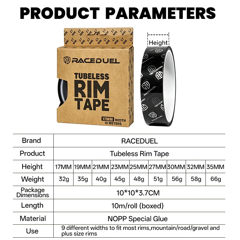 RACEDUEL 25mm Tubeless Rim Tape 25-35mm 10M High Adhesive Bicycle Rim Strip for MTB Road Bike Durable Cycling Vacuum Tires
