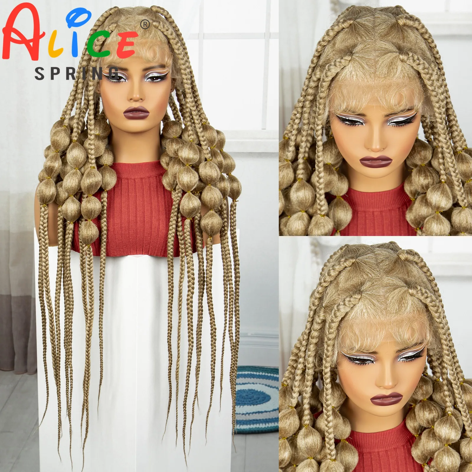 

Blonde 40 Inch Synthetic Full Lace Braided Wigs Synthetic Knotless Handmade Bantu Braids Lace Wig With Baby Hair For Black Women