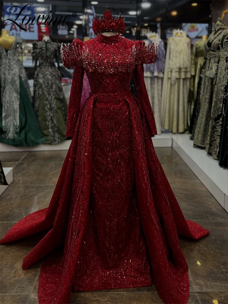 

Бордовое вечернее платье с высоким воротом и длинным рукавом, тяжелые бусины, хрустальное свадебное платье со съемным шлейфом, платья для выпускного вечера по индивидуальному заказу