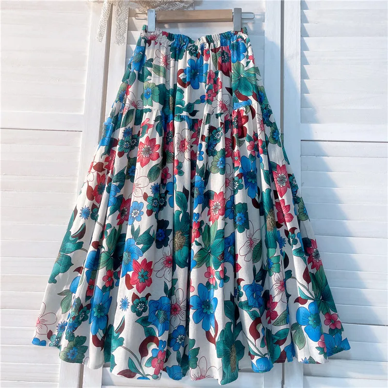 

Fashion Vintage Skirts Flower Print Contrast Color Patchwork High Waist Long Skirt Casual Loose All Match 2025 Women's Clothing