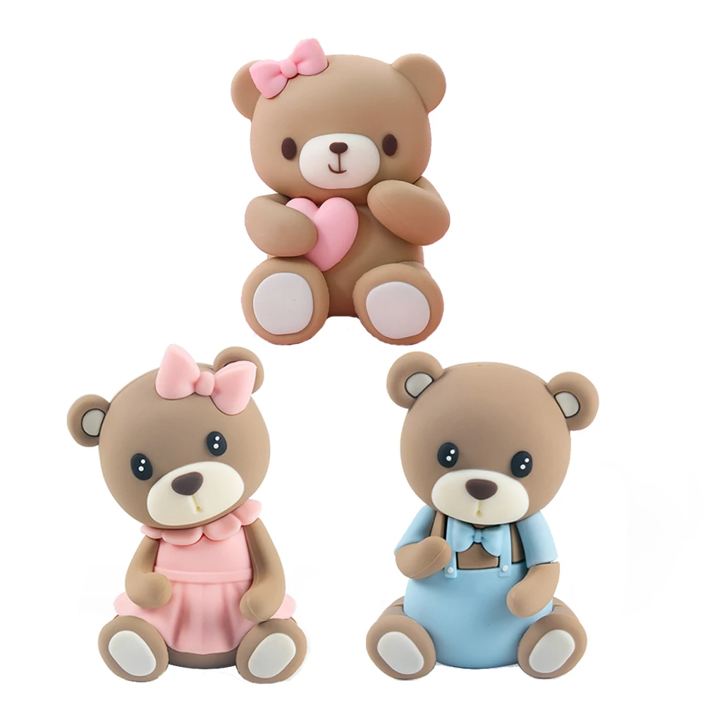 3D Cute Bear Cake Toppers Pink Blue Cake Decorations for Gender Reveal Boy Girl Baby Shower Birthday Party supplies