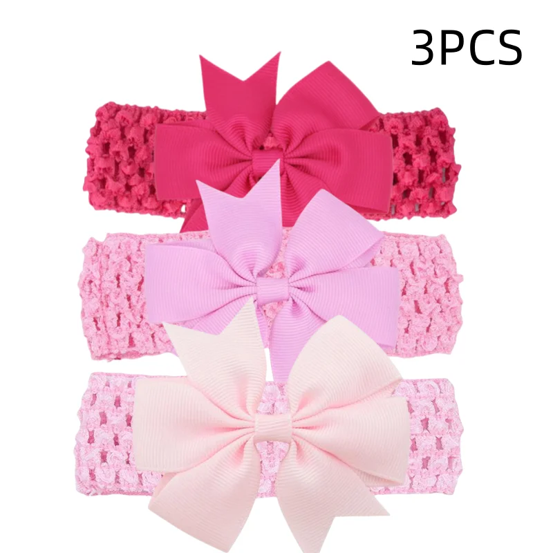 3PCS Handmade Dovetail Grosgrain Ribbon Bows Infant Headband Solid Color Crochet Elastic Hair Bands Baby Girl Headwear