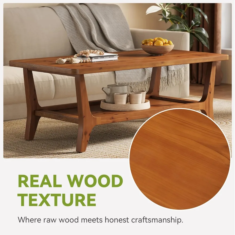 طاولة قهوة من الخشب الصلب، طاولة مركزية لغرفة المعيشة مقاس 47 بوصة مع رف، طبقتين، زوايا ناعمة، صديقة للأطفال، سهلة التجميع، Bro