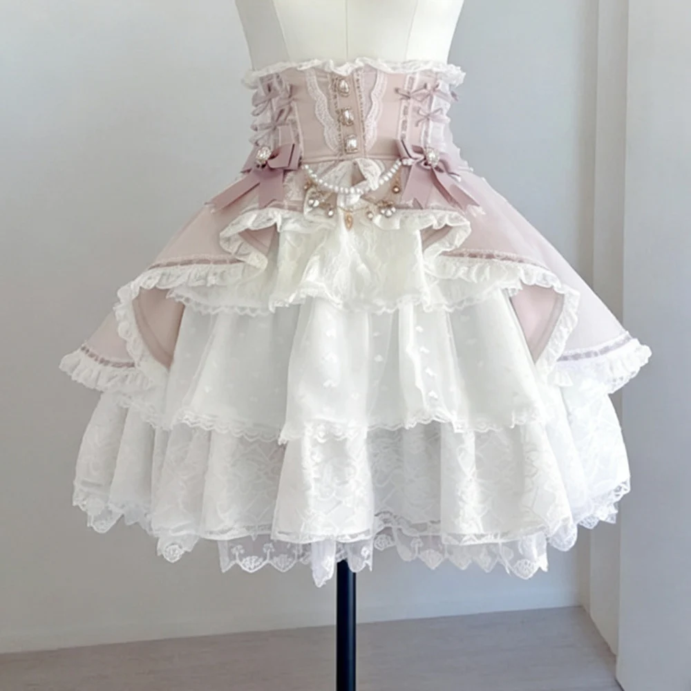 Gothic Lolita High Waist Skirt Layered Ruffle Mini Skirt with Lace Trim Pearl Chain Bow Dark Princess Skirts