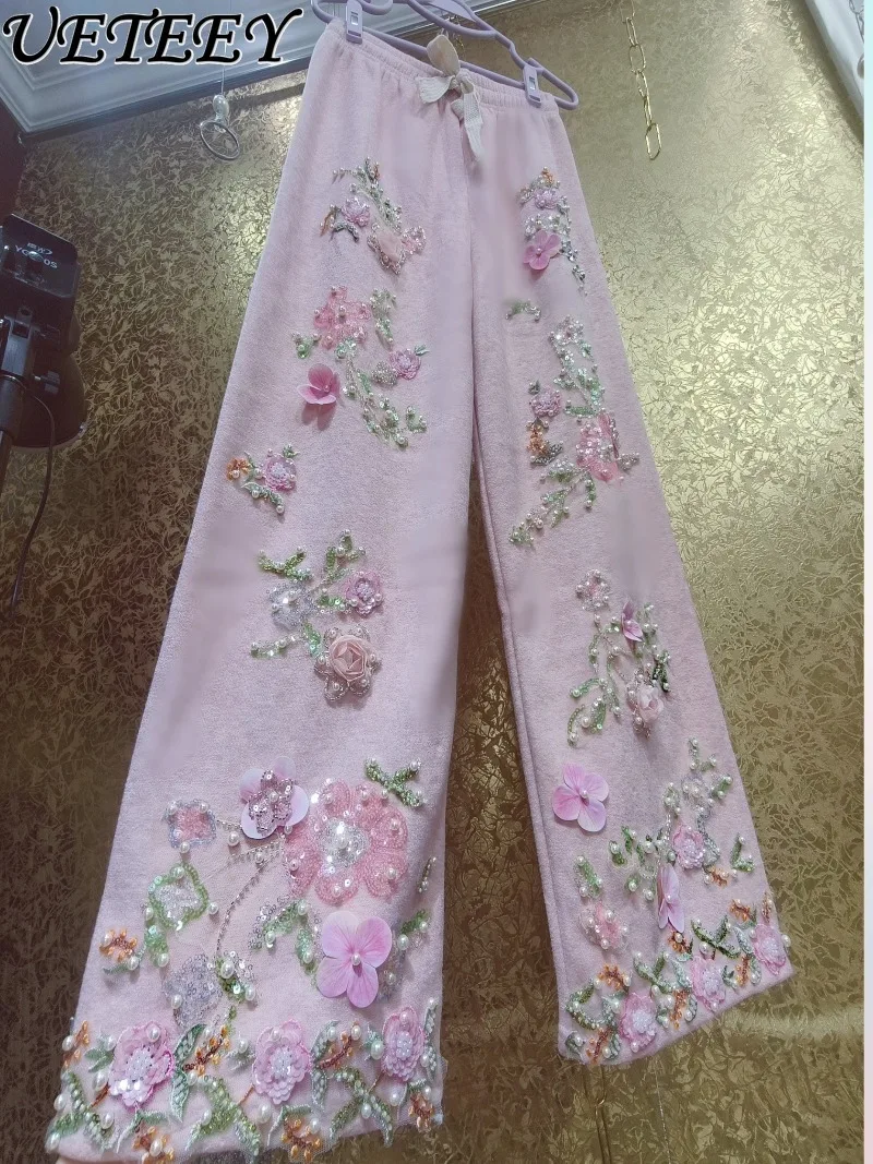 الفاخرة الراقية الخريف الشتاء الثقيلة الترتر ثلاثية الأبعاد زهرة السراويل الجنية الصوف مبطن المرأة عادية عالية الخصر واسعة الساق السراويل #1