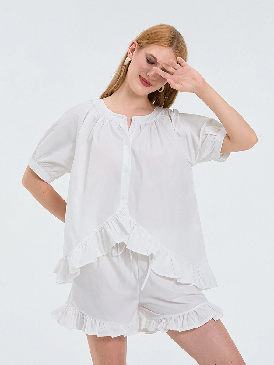 Women Pajamas Set 2 Pieces Loungewear Suits Solid Color Ruffles Hem Short Sleeve Loose Tops and Shorts Sleepwear Outfits