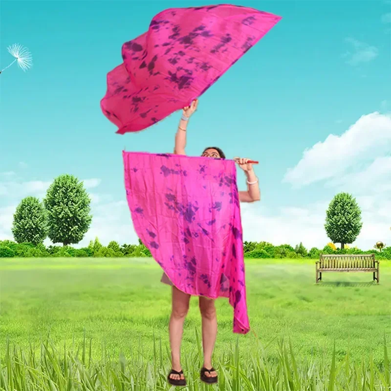 100% seda dança oriental véus de seda asas isis com vara palco desempenho adereços tie dye meio círculo meia redonda bandeira 140and90cm