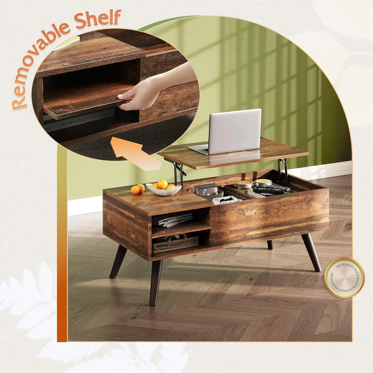 Lift Top Coffee Table for Living Room,Small Coffee Table with Storage, Adjustable Shelf and Storage Compartment, Mid Centu