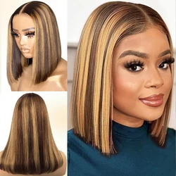 Highlight Lace Front Bob Wig Human Hair Ombre Honey Blonde Pre Plucked Middle Part 4/27 Colored 12 Inch 4/27 Highlight for Women