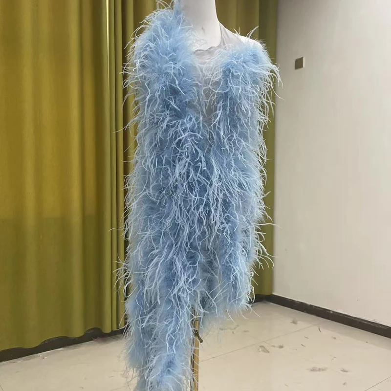 Neuestes Design eines Kleides aus 100% natürlichen Straußenfedern, mehrfach geschwungenes Design, durchsichtiges rückenfreies Kleid, sexy Damenkleid. – Detail 5