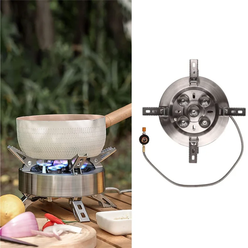 Kempingowa kuchenka gazowa o mocy 12800 W, składana, przenośna, wiatroszczelna kuchenka kempingowa z 5 głowicami