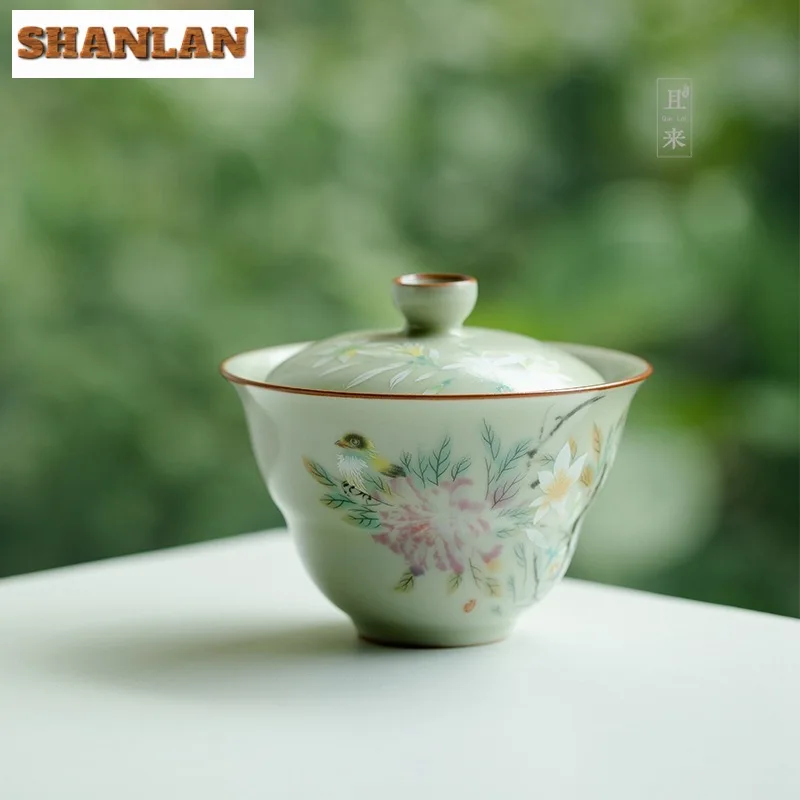 135ml Chinese Flower and Bird Gaiwan Retro Secret Yellow Ru Kiln Hand Grab Tea Tureen Tea Making Cover Bowl Tea Ceremony Craft