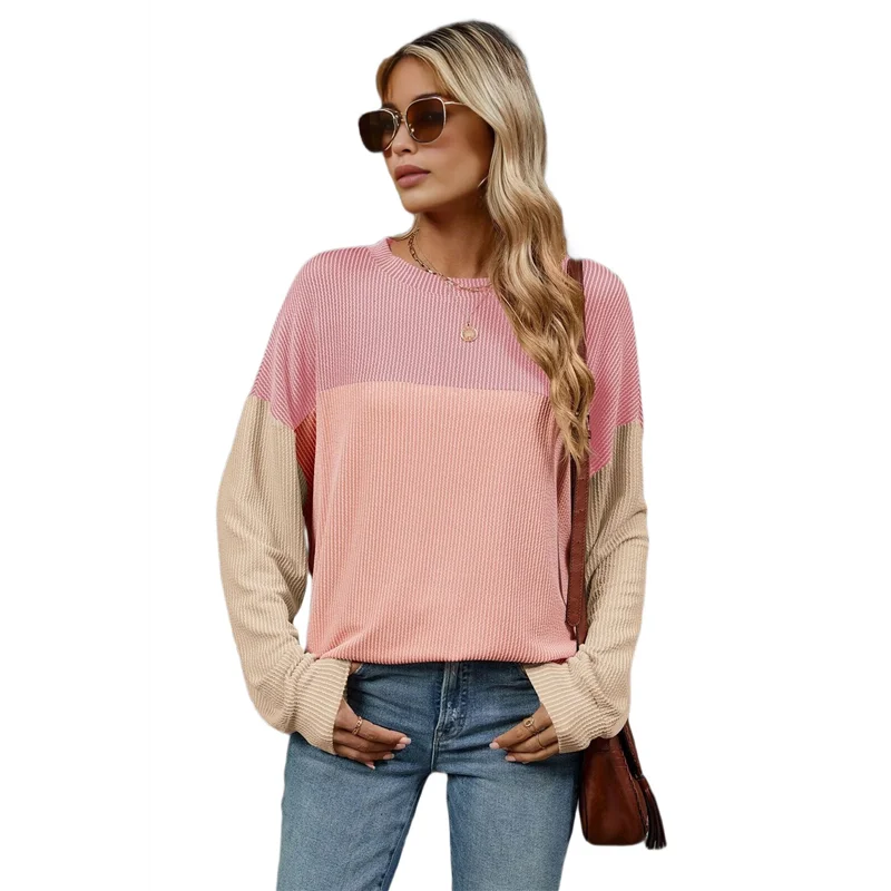 

Womens Color Block Long Sleeve Crewneck Knitted Casual Loose Pullover Shirts Tops