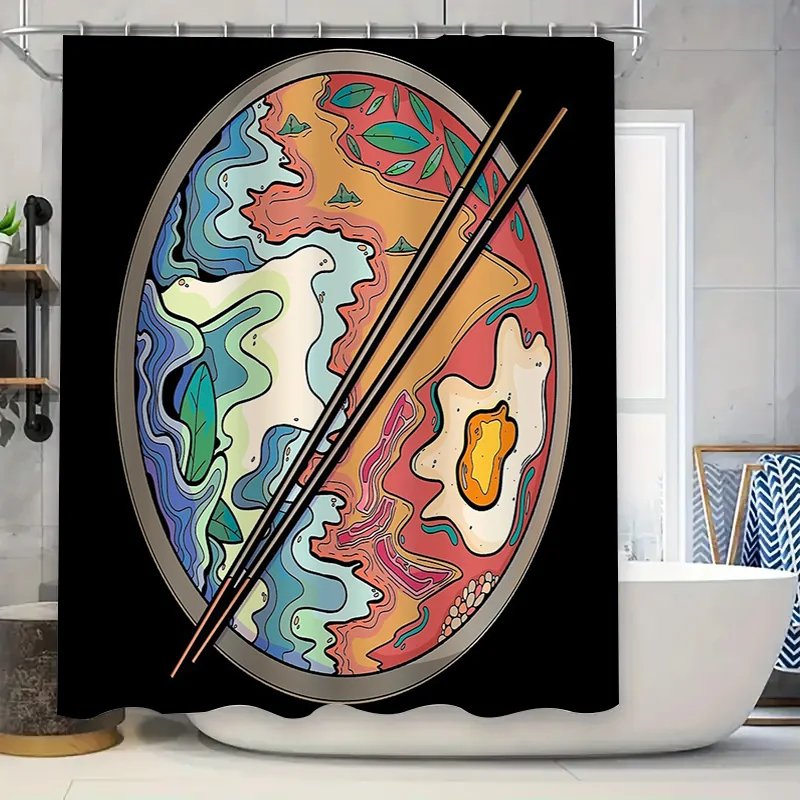 Japanese Ramen Noodle Shower Curtain Waterproof Vintage Food Decor Bathroom Set Artistic Japanese Cuisine Wall Hanging