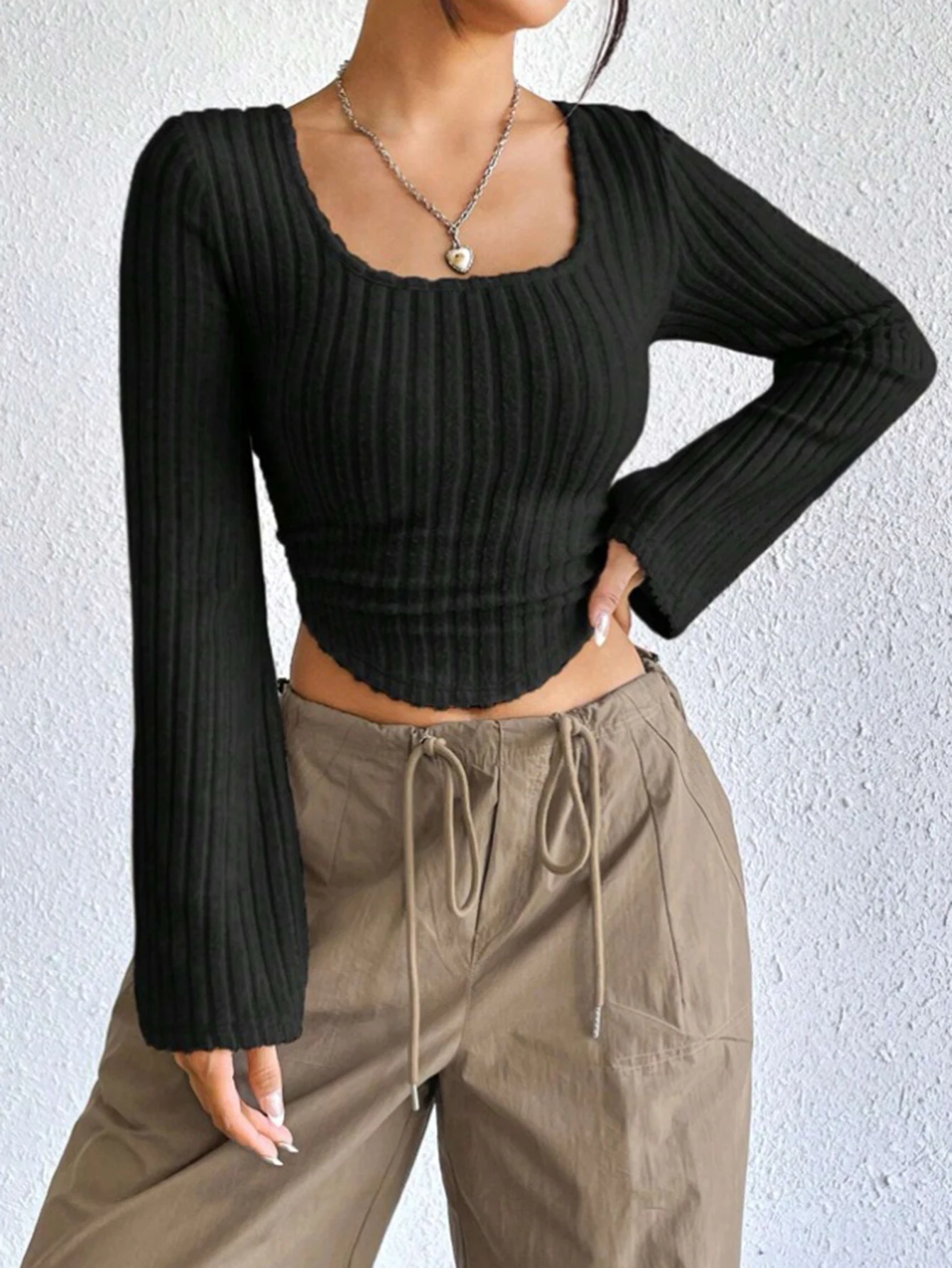 

Женская осенняя футболка с длинным рукавом, повседневная модная однотонная футболка с квадратным вырезом, облегающий офисный женский топ