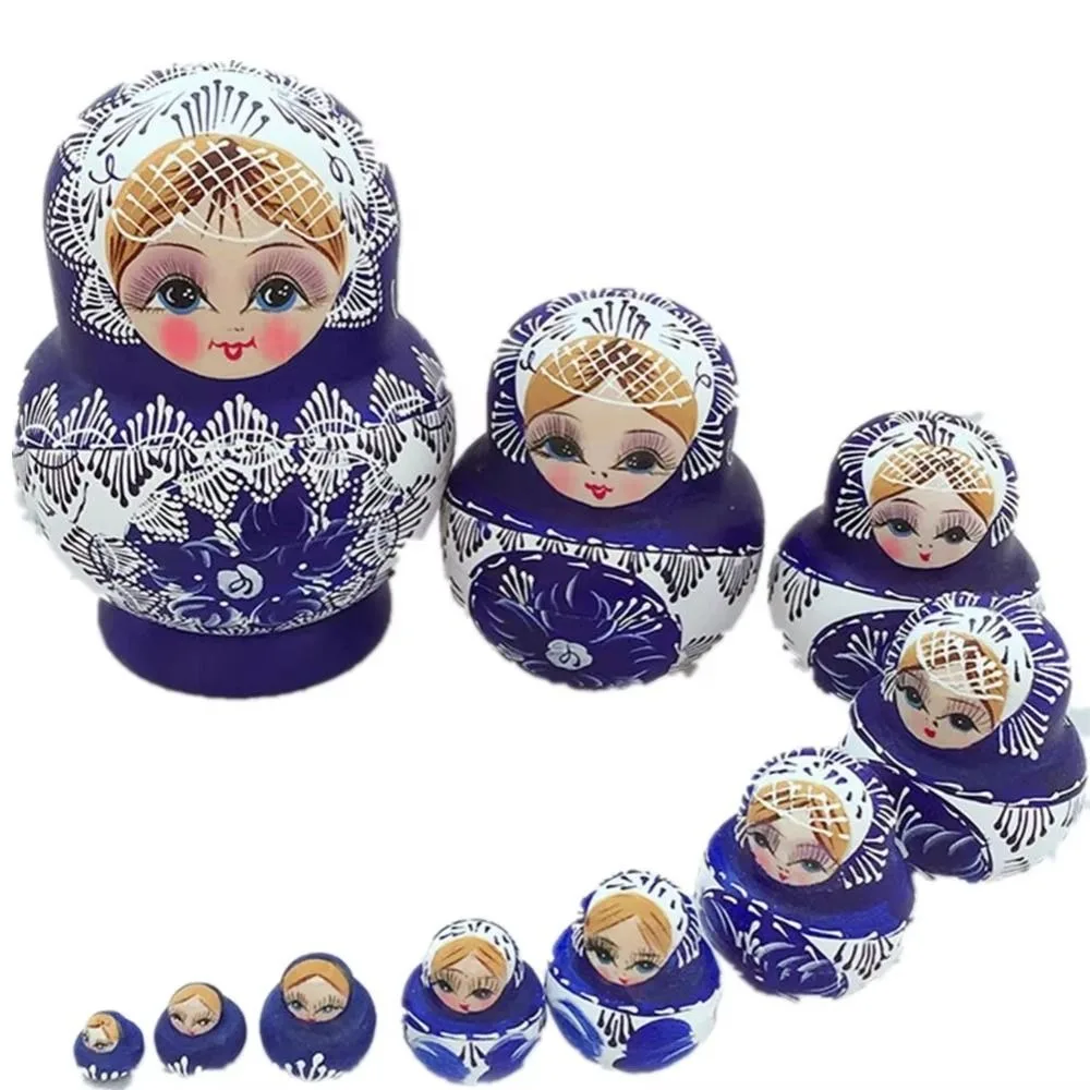 

10Pcs/Set Wood Russian Nesting Dolls 10 Layer Handmade Matryoshka Wooden Doll Toys Cartoon Blue Floral Print Stacking Dolls
