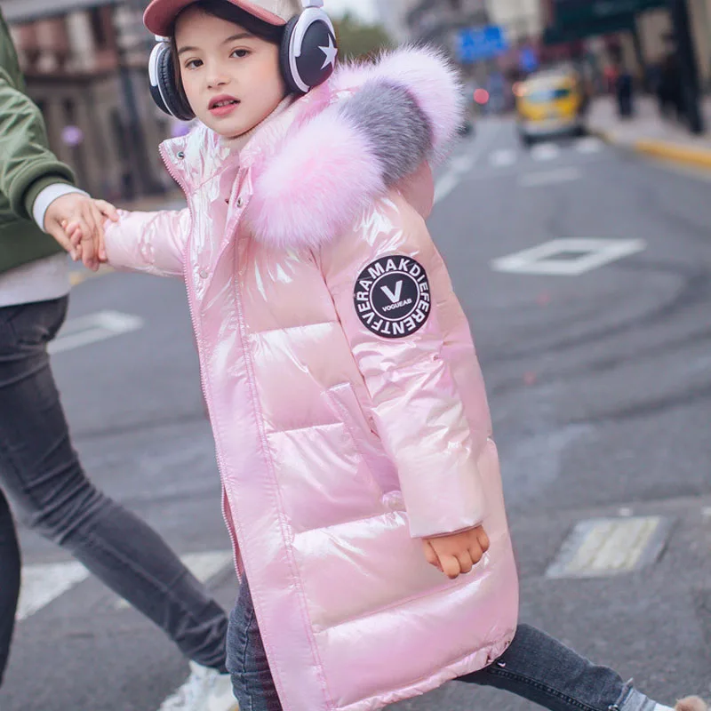 -30℃ Winter Teen Girls Jacket Glossy Long Waterproof Thick Warm Big Fur Collar Hooded Parka For 5-14Y Kids Down Cotton Overcoat