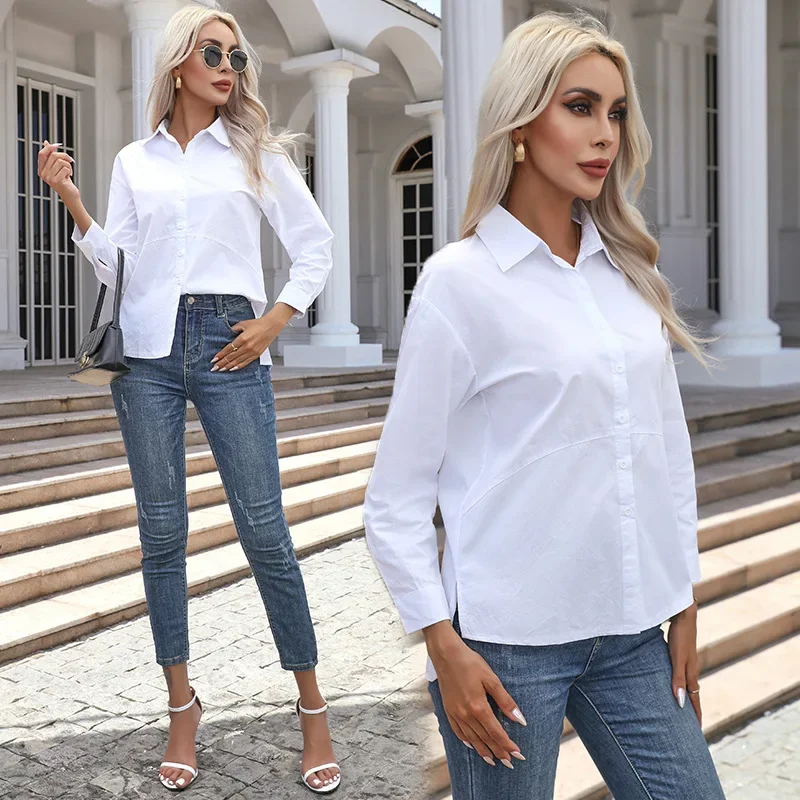 M-2XL Elegant 100% Cotton Women Shirt Long Sleeve Oversize Button Up Top Loose Casual Streetwear Femme Polo Shirts with Pockets