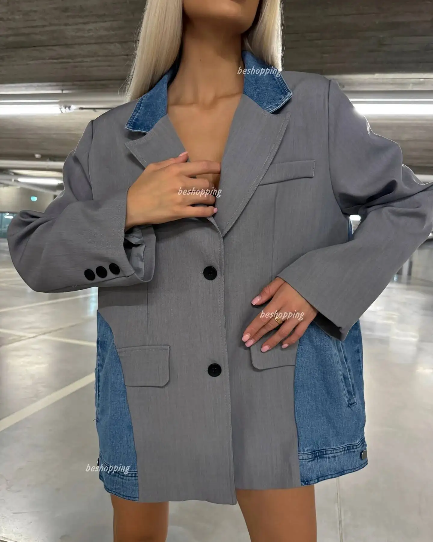 

2026 New Ins Style, Women's Coats, Denim Patchwork Suit Office Lady, Hot Girl Trend Spring Autumn Jacket Woman