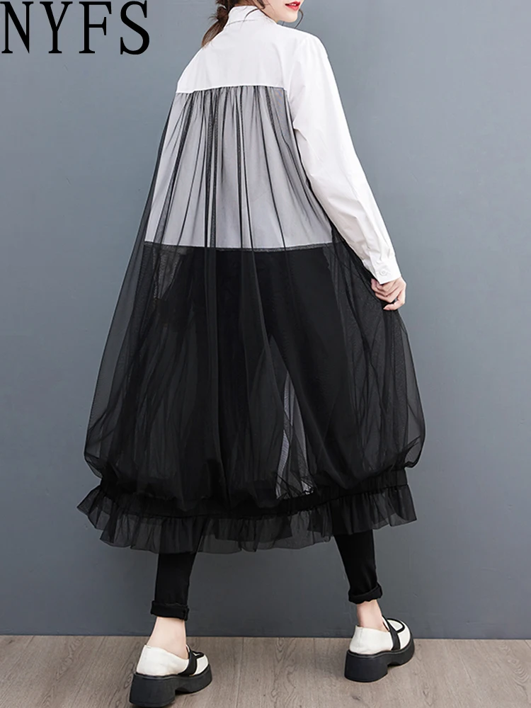 NYFS 2025 خريف جديد فضفاض حجم كبير فستان قميص عتيق رداء واحد الصدر شبكة المرقعة كم طويل فساتين حريمي