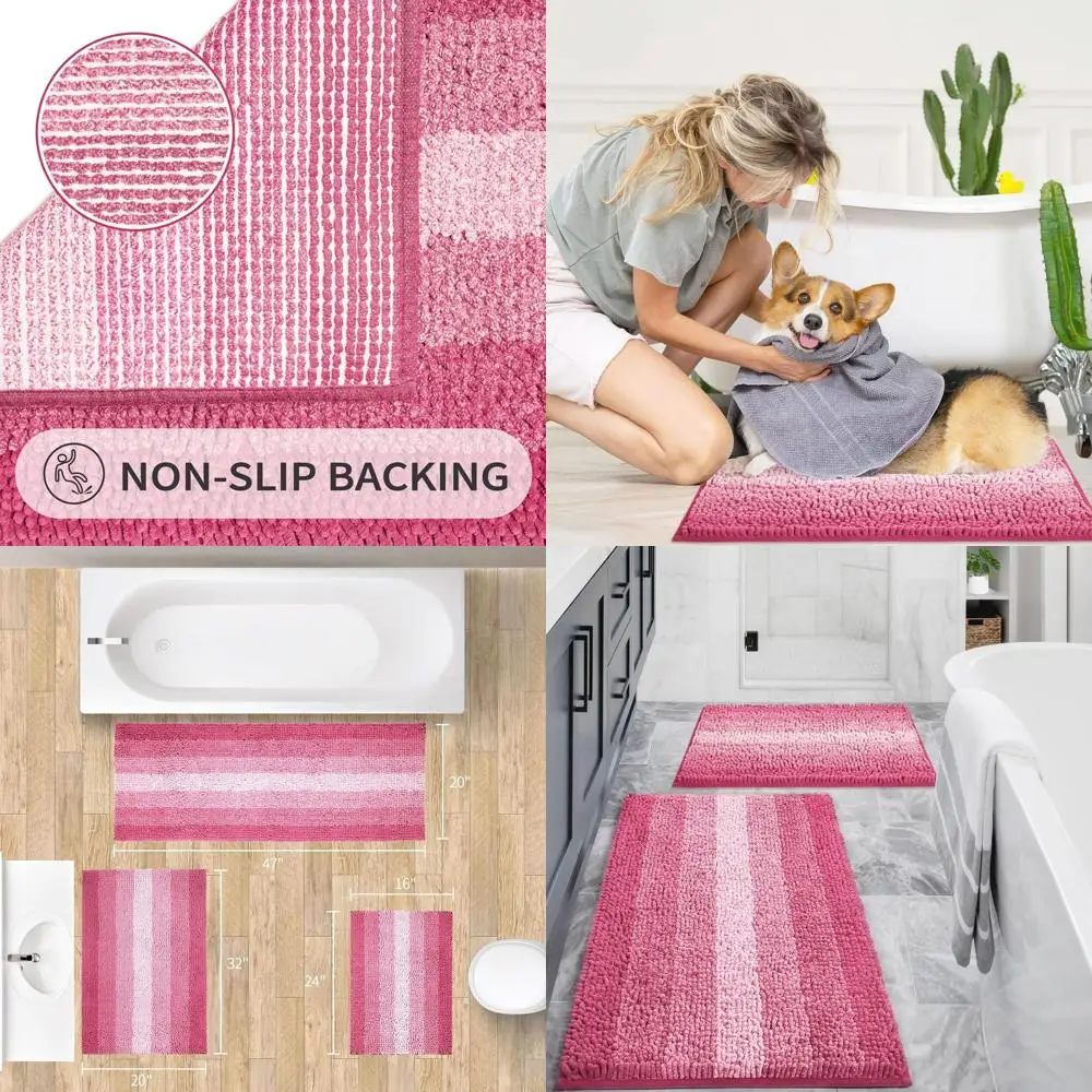 

Комплект из 2 ковриков для ванной из розового синели, нескользящие коврики, впитывающий коврик для душа, быстросохнущий декор для ванной комнаты для ванны, 16x24 и 20x32