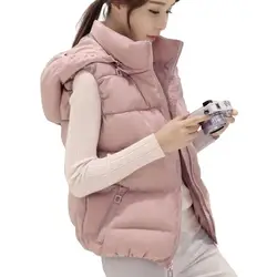 Women Sleeveless Pocket Hooded Vest Coats Winter Solid Color Warm Cotton Padded Hooded Jackets Waistcoat Female