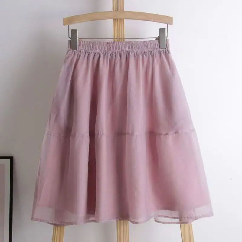 Women Organza Tiered Mini Skirt Elastic High Waist Flowy Puffy A Line Skirt Summer Casual Glossy Sheer Layered Bubble Skirts