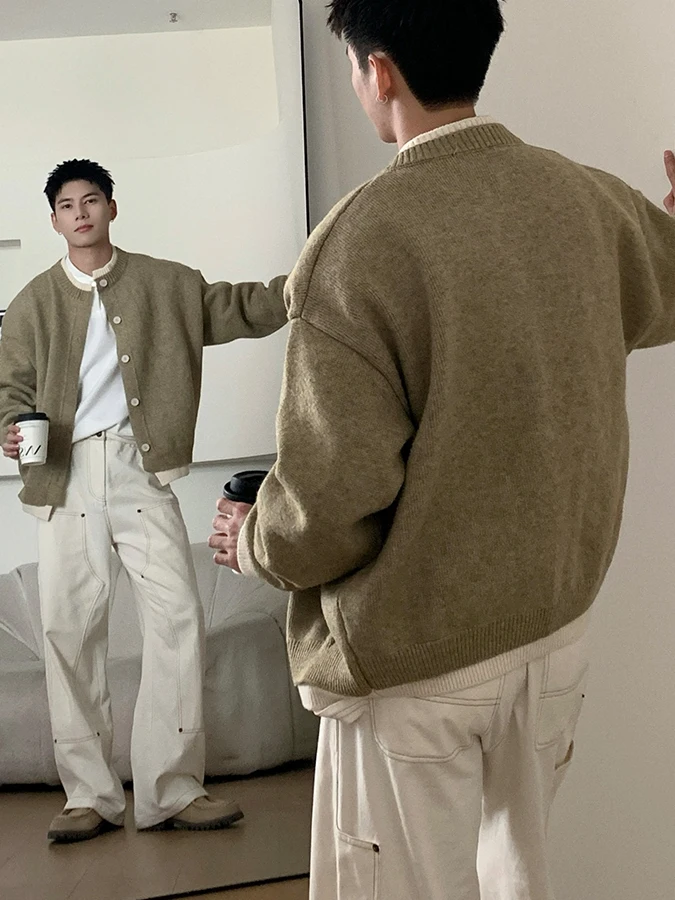 

American Casual Sle Men's Knitted Sweater Loose Fit Button Design Lazy Sle Fake Two-Piece Open Cardigan Polyester Fiber