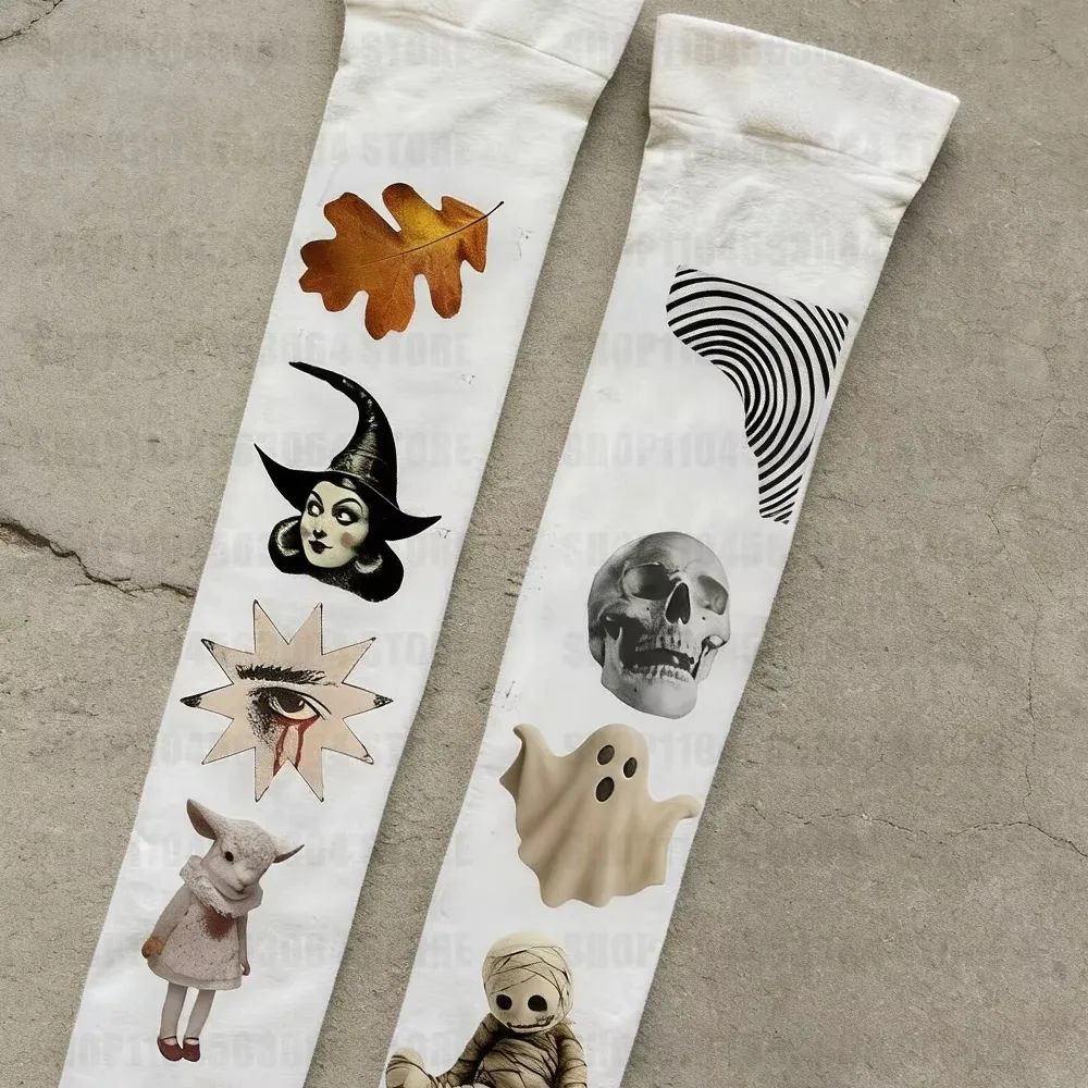 Women Halloween Gothic Print Over Knee Socks Skull Ghost Witch Mummy Graphic Soft Stretch Cosplay Long Thigh High Stockings