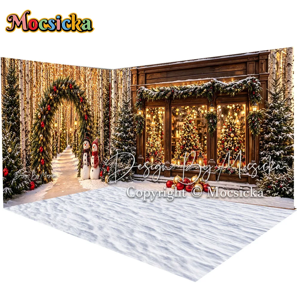 Mocsicka Backdrop Photography Christmas Storefront Snowman Light Snowy Forest Background Holiday Family Kid Outdoor Studio Photo