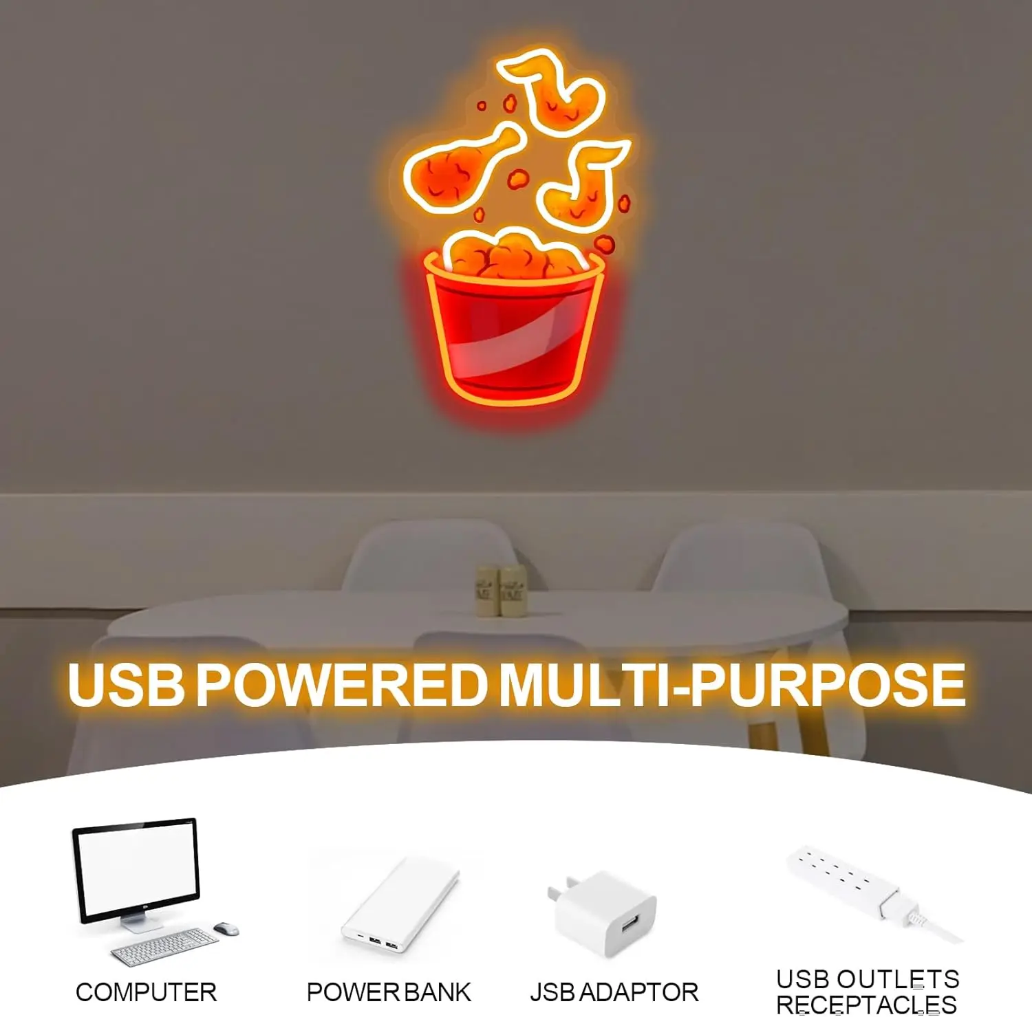 Fried Chicken Neon Sign USB Dimmable LED Neon Light Sign for Drink Bar Man Cave Bedroom Hotel Shop Game Room Party Wall Decor view 4