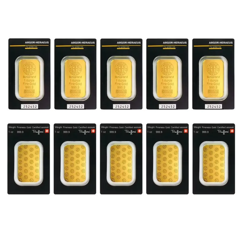 

1~10pcs Argor Heraeus 1oz Gold Bar 24K Gold Plated Brass Gold Bullion with An Independent Serial Numbers Gold Bars Collection