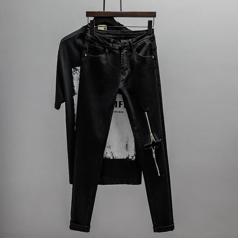 

American Sle Men's Ripped Denim Jeans Bla Spring Summer 2023 New Knee Zipper Slim Nine-Piece Small Foot Pants Casual Cott...