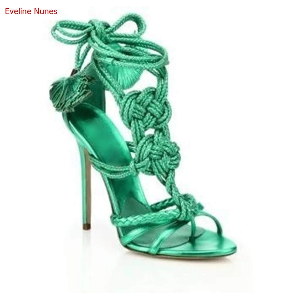 Knotted Braided Leather Sandals Summer New Arrival Ankle Lace-Up Solid Color Fashion Versatile Colorful Pop High Heels Women