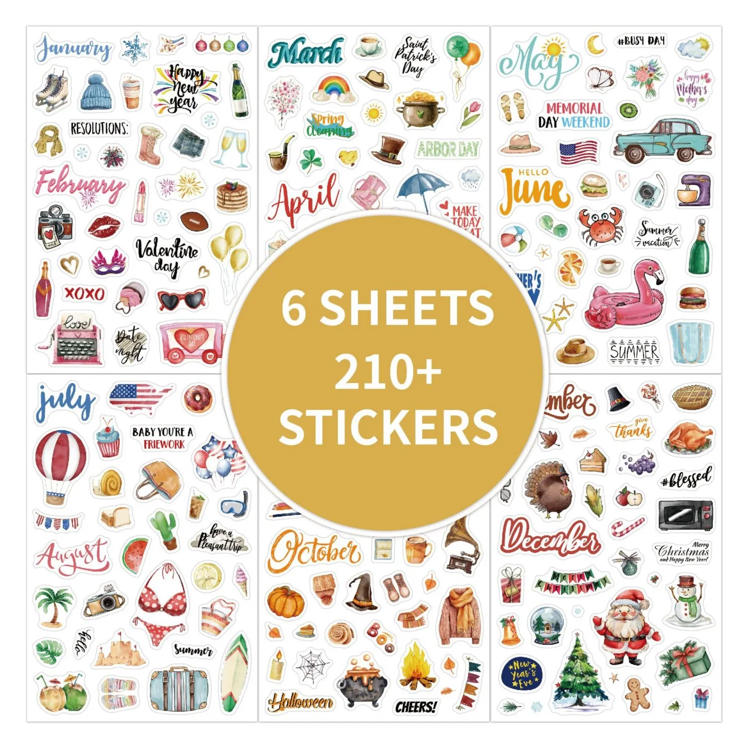 6sheets Pre-cut Stickers Self-Adhesive Paper Stickers for Scrapbooking Journals Planners DIY Crafts Embellishments Stickers