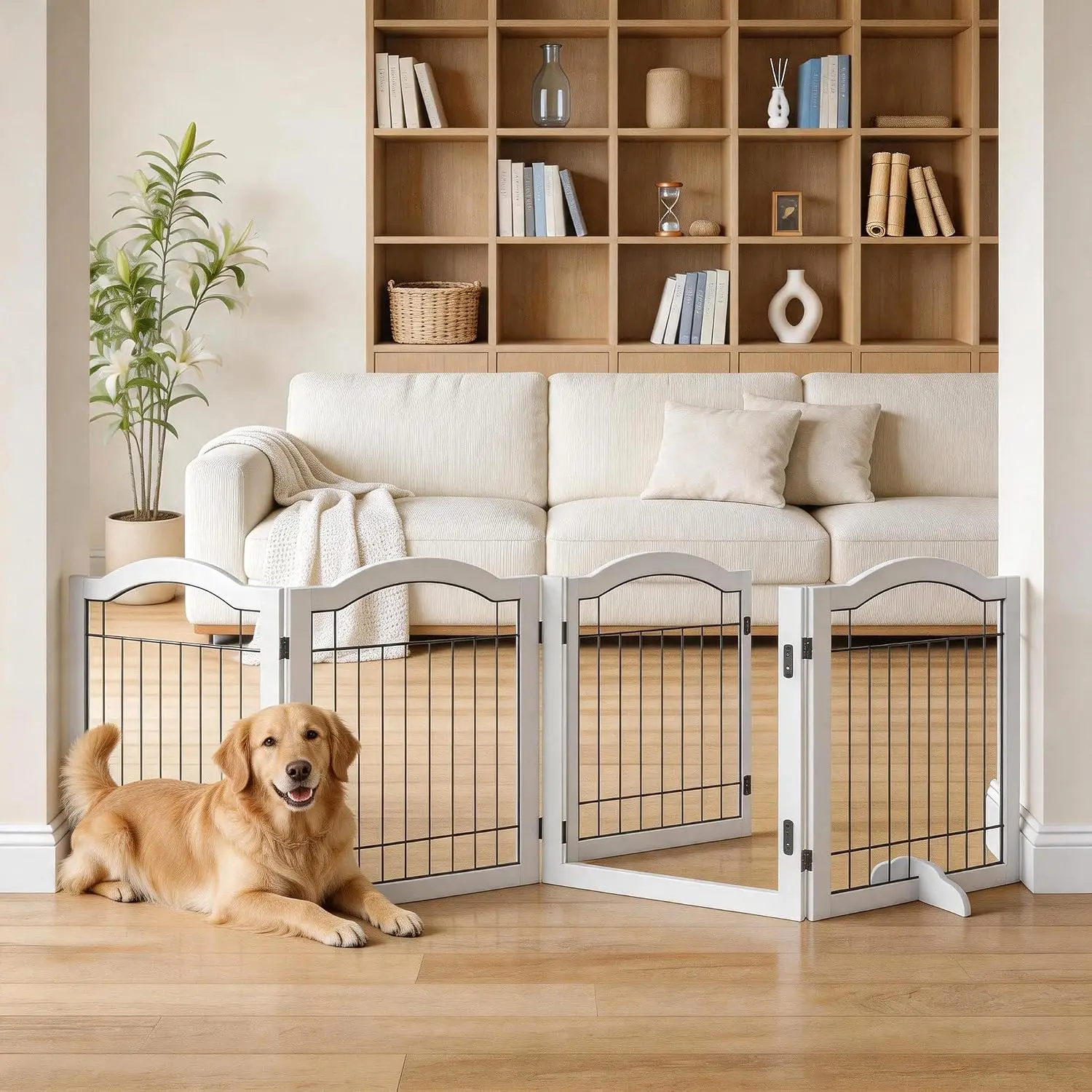 96 x 30 inches Foldable Wooden Pet Gate with Door, White | Walk-Through Easy, Freestanding, Extra Wide, Easy Storage, Easy to Mo