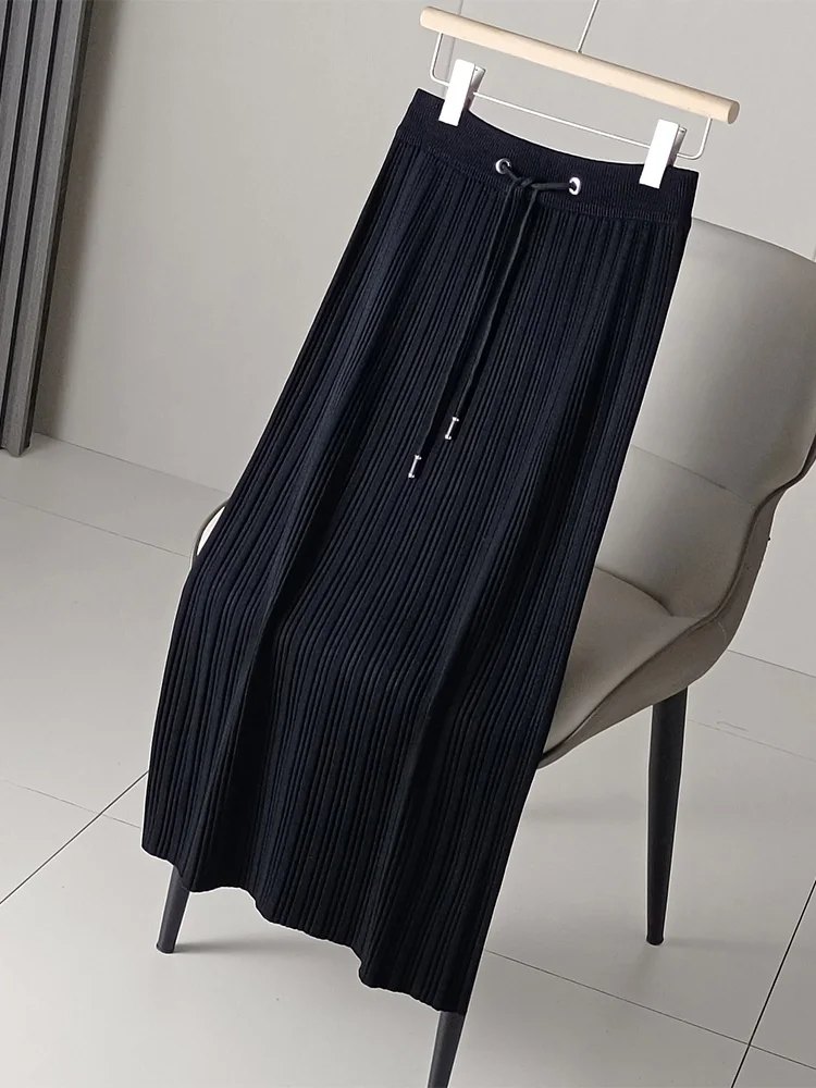 Women's Knitted Shirring Long Skirt Vintage Drawstring High Waist Strong Draped Warm Pleated Straight Skirts 2023 Winter K401