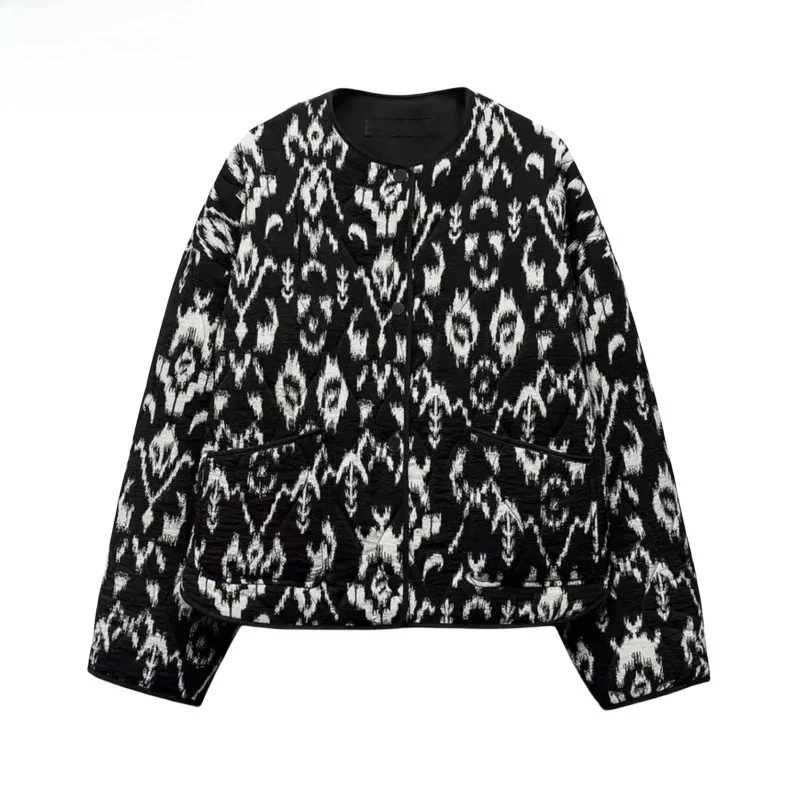 

Spring New Women's Printed Quilted Jaet High Waist Bow Decor Skirt Outerwear Loose Fit Long Sve round Ne Zipper