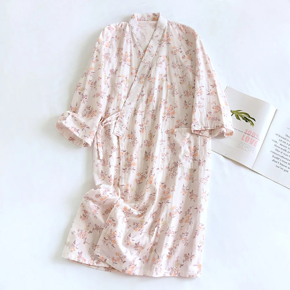 

Print Beige Kimono Nightdress For Woman Four Seasons Thin Lace-up Japanese Steam Spa Bathrobe New Cotton Double Gauze Nightgown