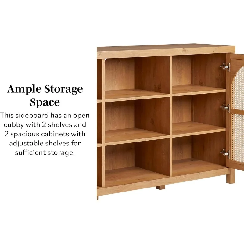 Credenza a 4 ante da 58" con pannelli in rattan ad arco - Rovere inglese