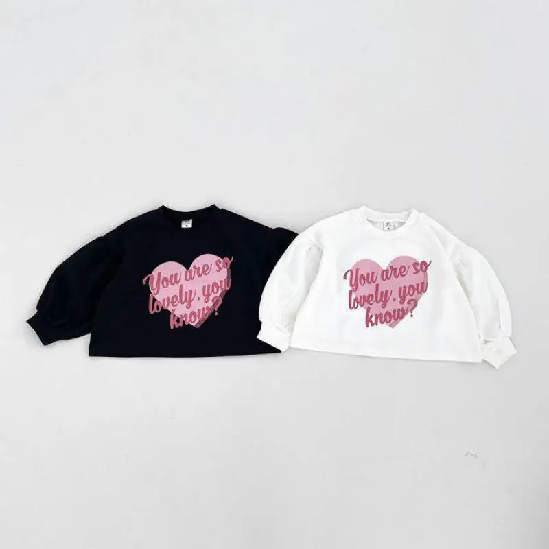 

2024 Spring New Baby Girls Heart Letter Sweatshirt Children Long Sleeve Loose Tops Cotton Toddler Casual Pullover Kids Clothes