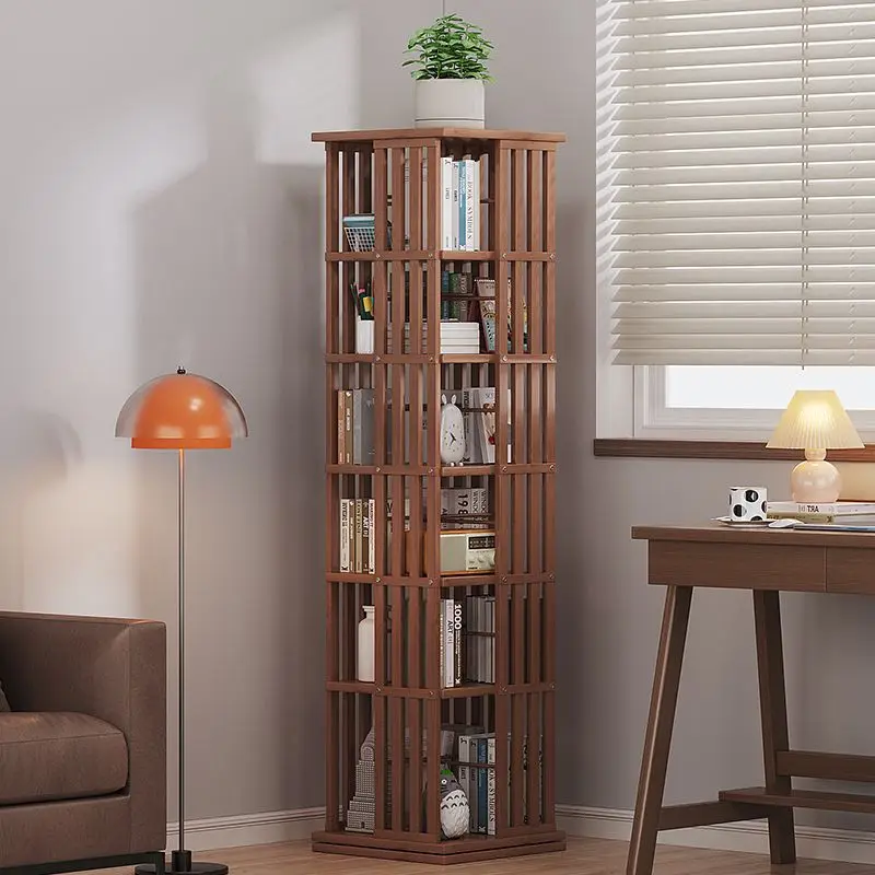 

Bookshelf living room children's home shelf floor-to-ceiling desk storage bookcase simple 360-degree rotation solid wood agains