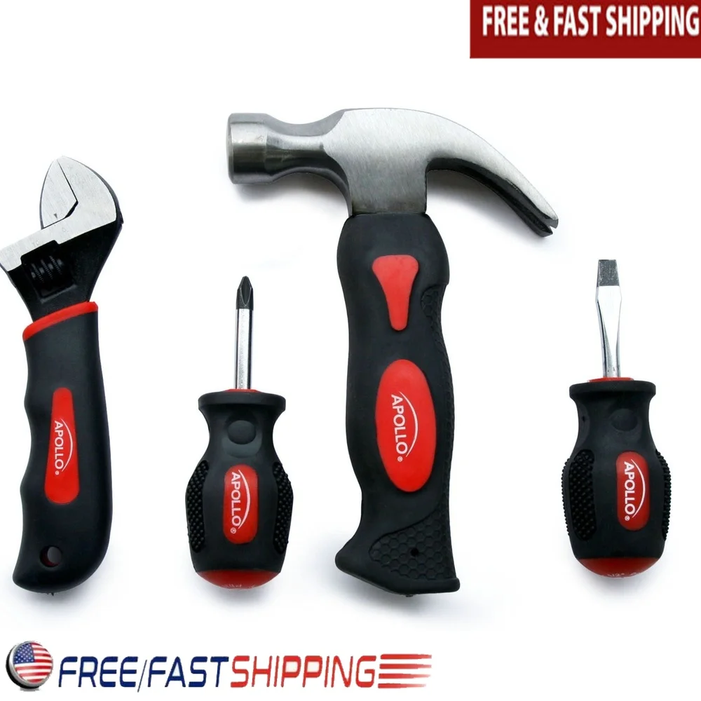 

Набор инструментов Stubby из четырех предметов с мягкими ручками, термообработанная углеродистая сталь, прочные молотковые отвертки, разводной гаечный ключ для дома