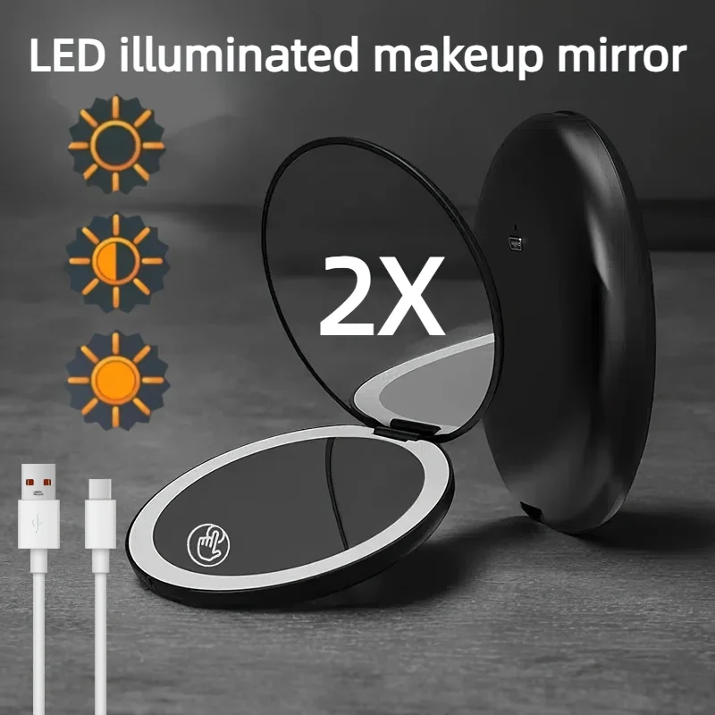 1X/2X Enlarged Handheld Makeup Mirror with Led Lighting, with USB Type-C Data Cable, Enlarged 2 Times on the Side of the Plane, Makeup, Makeup, Makeup, Clean Pores, Essential Goodies, Round Design, Exquisite and Compact, Convenient to Carry When Traveling, Gifts for Female Friends
