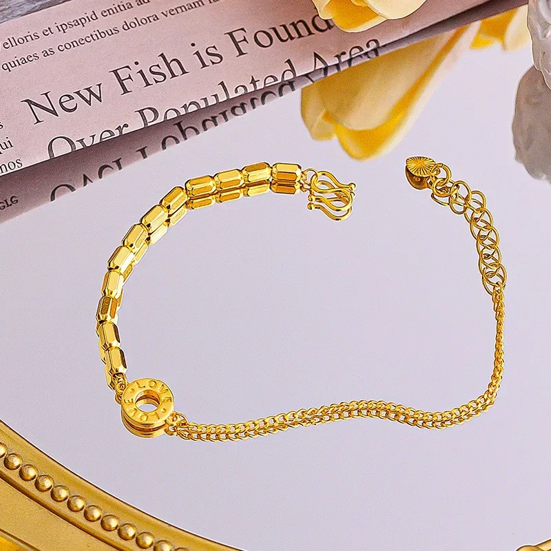 

24K Real Goldlove Geometric Bracelet, 999 Pure Gold Fashionable Simple High-end AB Chain for Women Birthday Gift