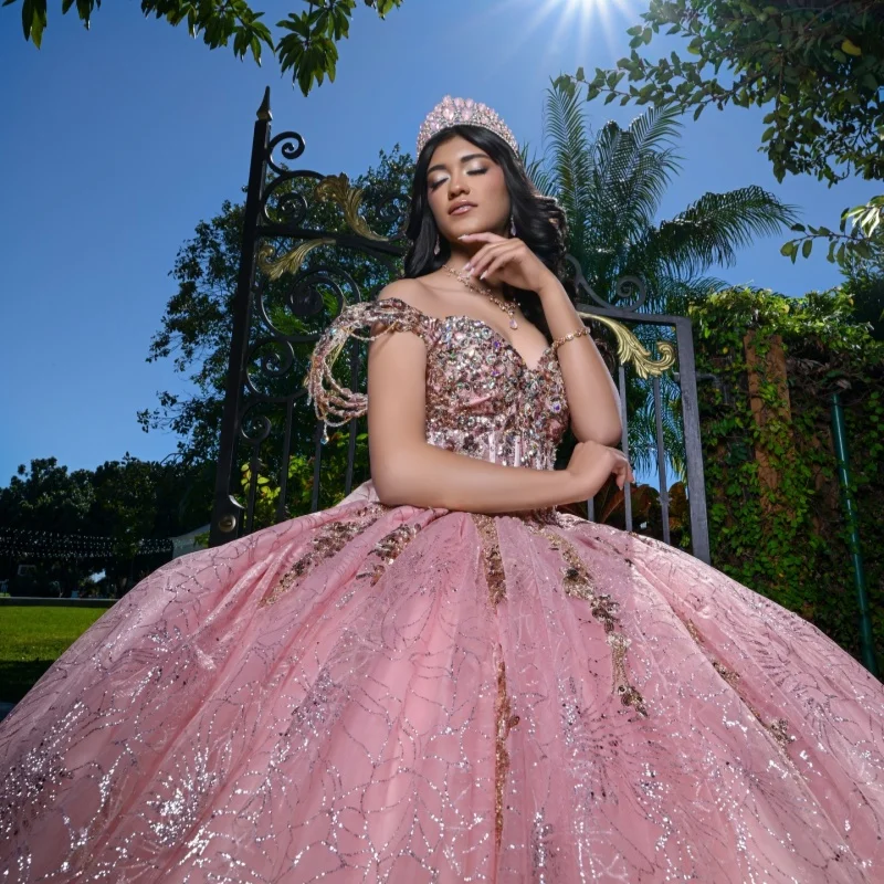 

Shiny Pink Quinceanera Dress off-shoulder Glitter Crystal Decal Long tail Ruffle Bow vestidos de 15 Quinceanera ﻿Customized