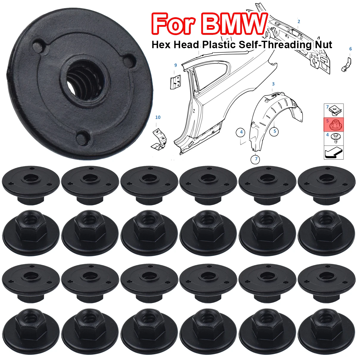 Car Hex Head Plastic Self-Threading Nut Clips For BMW X1 X3 X5 X6 Z4 Mini Chassis Rear Bumper Splash Shield Retainer Fasteners