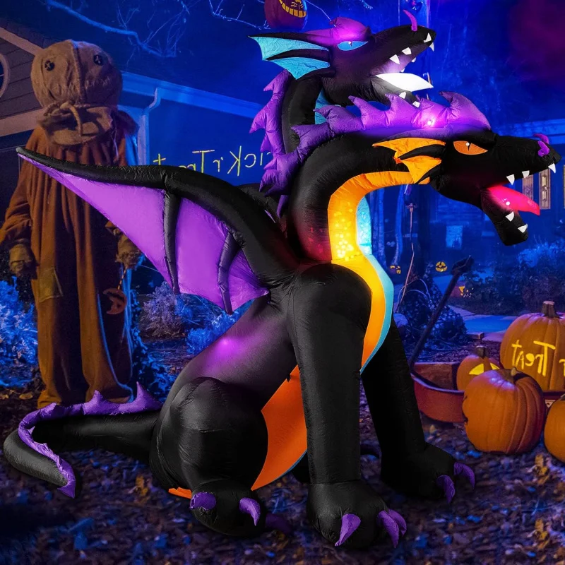 

EQMICOCAH Halloween Inflatables 7 FT Giant Fire; Ice 2 Headed Dragon Outdoor Halloween Decorations Bulit-in Flashing LEDs Hallow