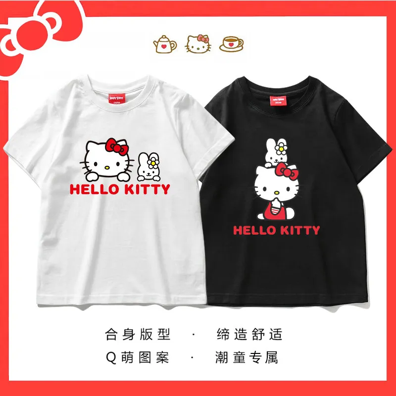 

Детская футболка с короткими рукавами и принтом Hello Kitty, повседневный свободный топ из чистого хлопка с круглым вырезом, персонализированный комплект для родителей и детей
